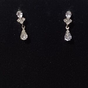 Vintage Silver-Toned Pear-Shaped Rhinestone Dangle Earrings